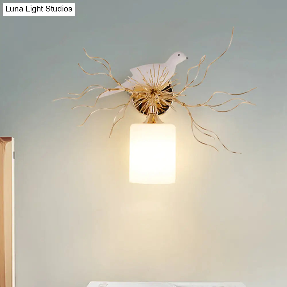 1-Head White Glass Wall Lamp For Bedroom - Loft Cylinder Lighting With Bird Accent