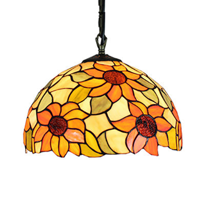 Tiffany-Style Black Hand Cut Glass Pendant Ceiling Light With Sunflower Pattern – 12’/16’
