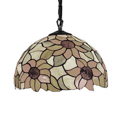 Tiffany-Style Black Hand Cut Glass Pendant Ceiling Light With Sunflower Pattern – 12’/16’