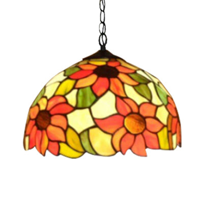Tiffany-Style Black Hand Cut Glass Pendant Ceiling Light With Sunflower Pattern – 12’/16’