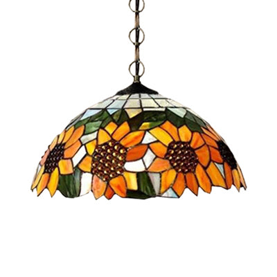 Tiffany-Style Black Hand Cut Glass Pendant Ceiling Light With Sunflower Pattern – 12’/16’