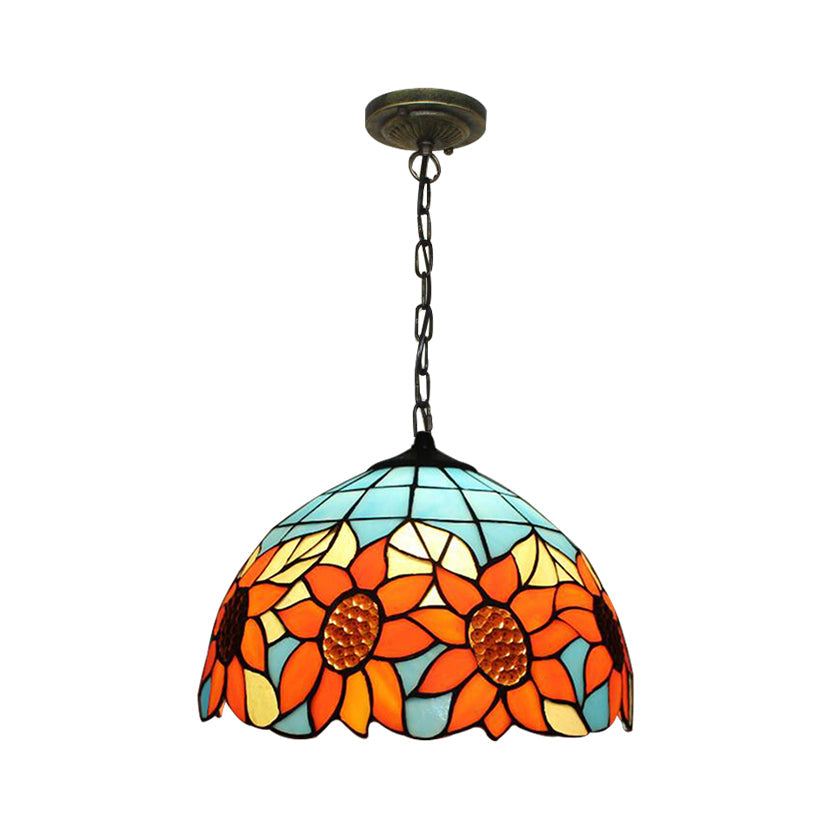 Tiffany-Style Black Hand Cut Glass Pendant Ceiling Light With Sunflower Pattern – 12’/16’