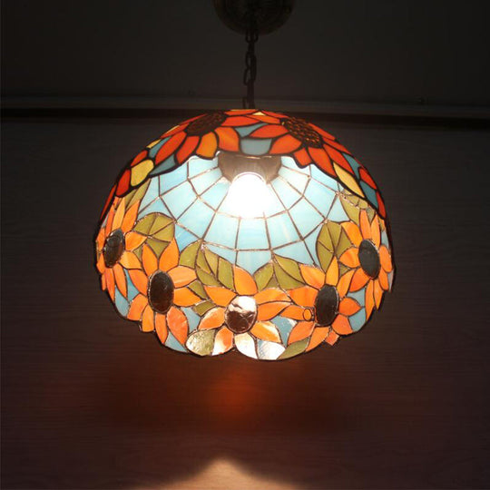 Tiffany-Style Black Hand Cut Glass Pendant Ceiling Light With Sunflower Pattern – 12’/16’