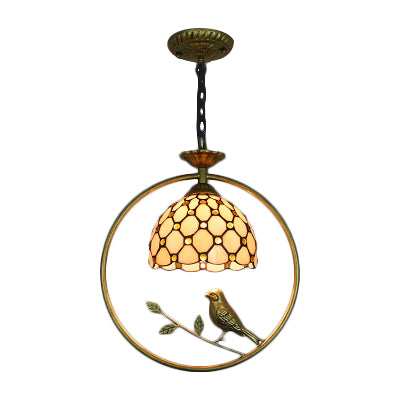 Tiffany-Style Dome Glass Pendant Ceiling Light With Bird Accent - Stainless 1 Beige Suspension Lamp