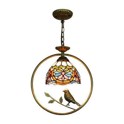 Tiffany Style Dome Suspension Lamp - Elegant Stainless Glass Pendant Lighting With Bird Accent