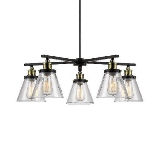 Vintage Black 5-Light Chandelier Pendant With Clear Glass Cone Shades For Dining Room Lighting