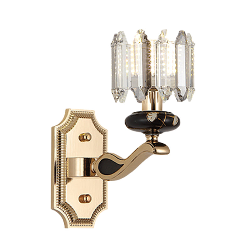 Minimalist Gold Wall Sconce Light - Faceted Glass Cylindrical Design Bedroom Mount Lamp