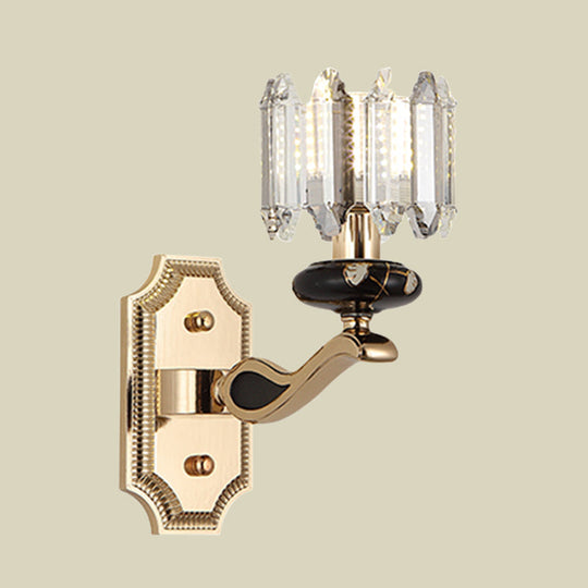 Minimalist Gold Wall Sconce Light - Faceted Glass Cylindrical Design Bedroom Mount Lamp