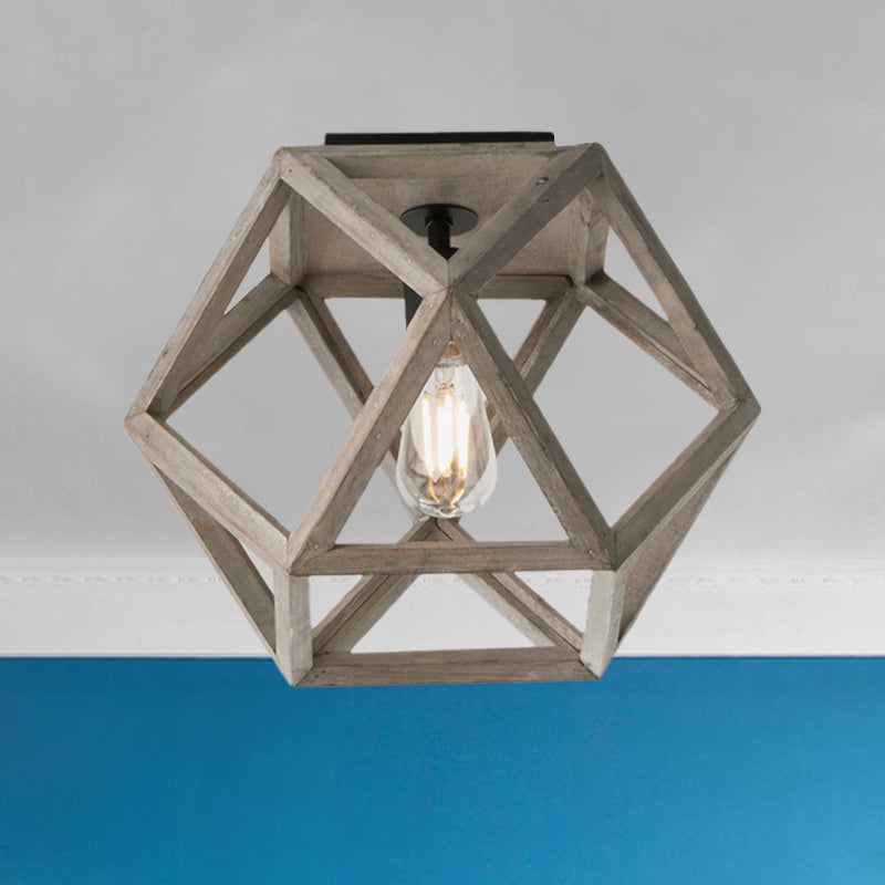 Minimalist Beige Wooden Ceiling Light With Candle-Like Bulb - Flush Mount Fixture Wood