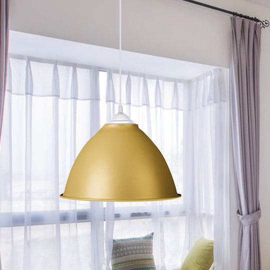 1-Light Industrial Dome Pendant Light In Frosted Green/Yellow For Dining Room - Aluminum Ceiling