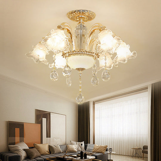 Mid Century 6-Light Flower K9 Crystal Semi Flush Mount Ceiling Fixture In Gold Finish