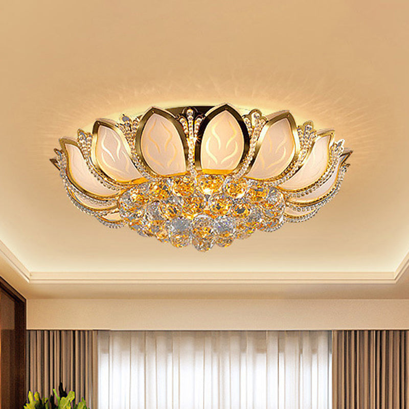 Modern Crystal Flower Flush Mount With 7 Heads In White And Gold For Living Room