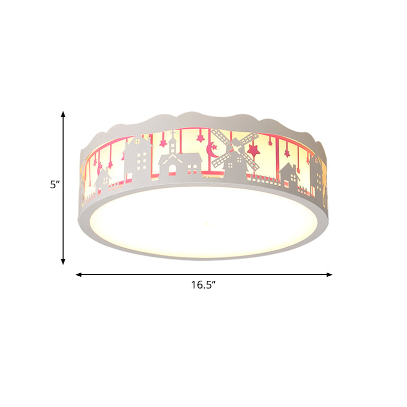 Kids Cartoon House Drum Flushmount Led Ceiling Light In Warm/White - Playroom Lamp