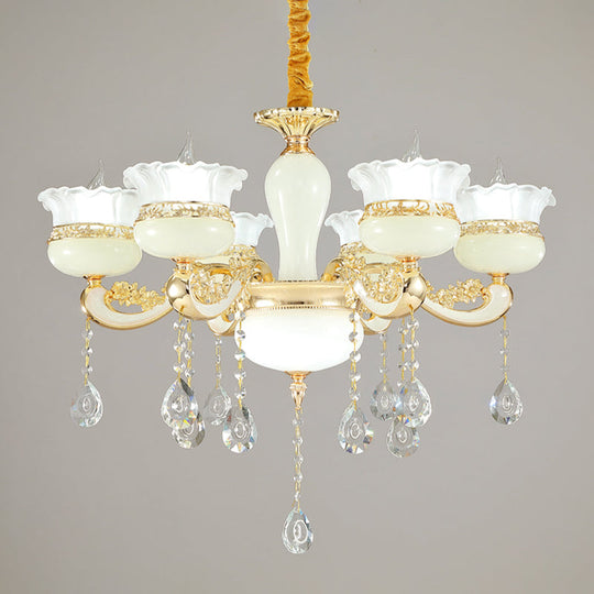 Modern Gold Chandelier With White Glass Shade For Bedroom Ceiling - 6 Head Pendant Ruffle-Edge Jar