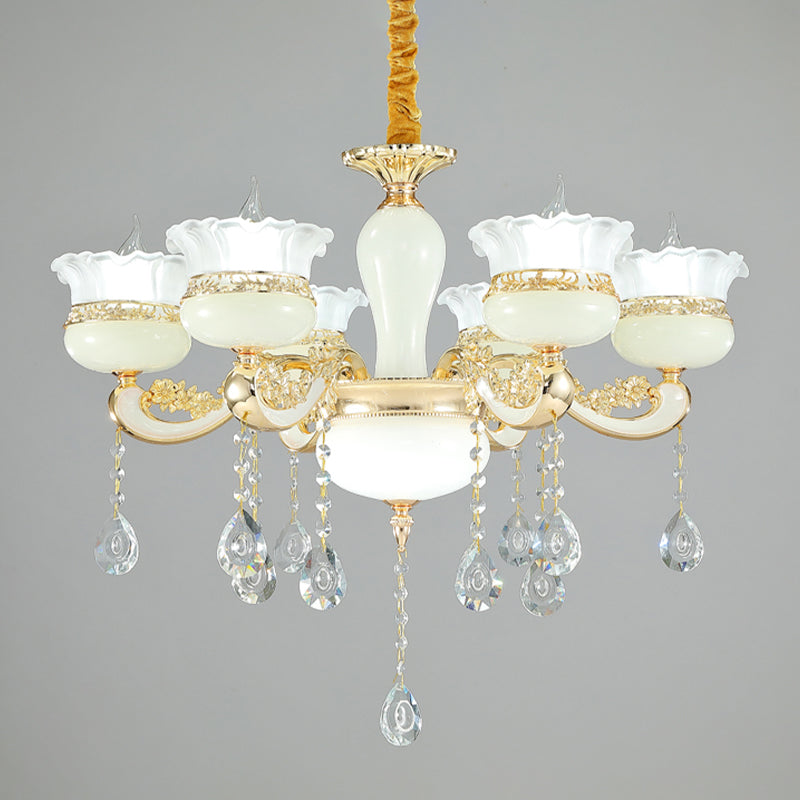 Modern Gold Chandelier With White Glass Shade - 6 Heads Ruffle-Edge Pendant For Bedroom Ceiling