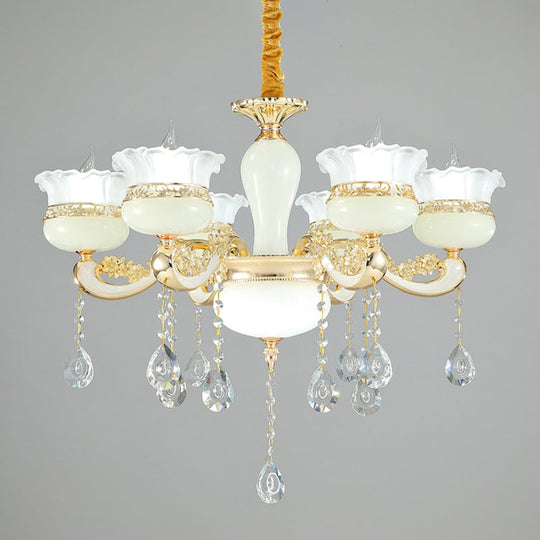 Modern Gold Chandelier With White Glass Shade - 6 Heads Ruffle-Edge Pendant For Bedroom Ceiling