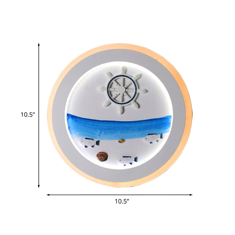 Coastal Scenery Led Round Wall Lamp: White Acrylic Decor For Bedroom