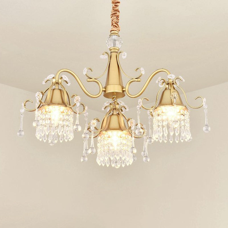 Modern Gold Crystal Drip Cylinder Chandelier With 3 Pendant Lights For Bedroom
