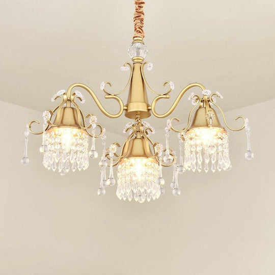 Modern Gold Crystal Drip Cylinder Chandelier With 3 Pendant Lights For Bedroom