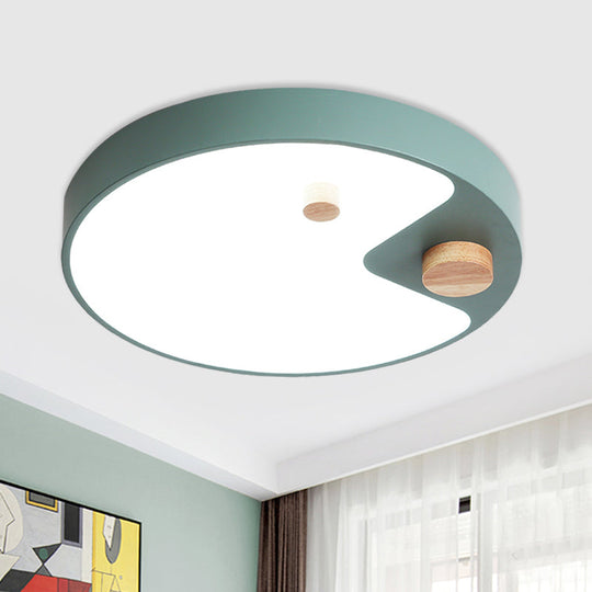 Kids Acrylic Ring Flush Mount Led Ceiling Light With Wood Decor - White/Grey/Blue Bedroom Lighting