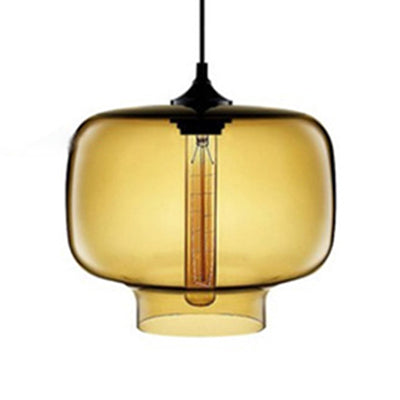 Contemporary Glass Cylinder Hanging Lamp - Red/Brown/Blue 1 Light Ceiling Amber