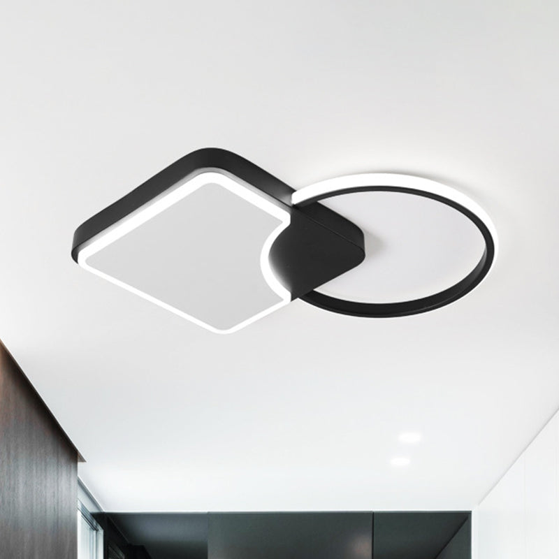 Modern Flush Mounted Led Lamp Fixture In Black White/Warm Light - Ring And Rhombus Corridor Lighting