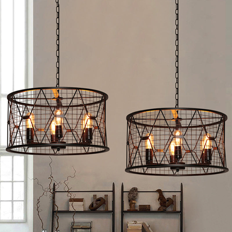 Vintage Industrial Metal 6-Light Pendant Chandelier With Trellis Drum Design