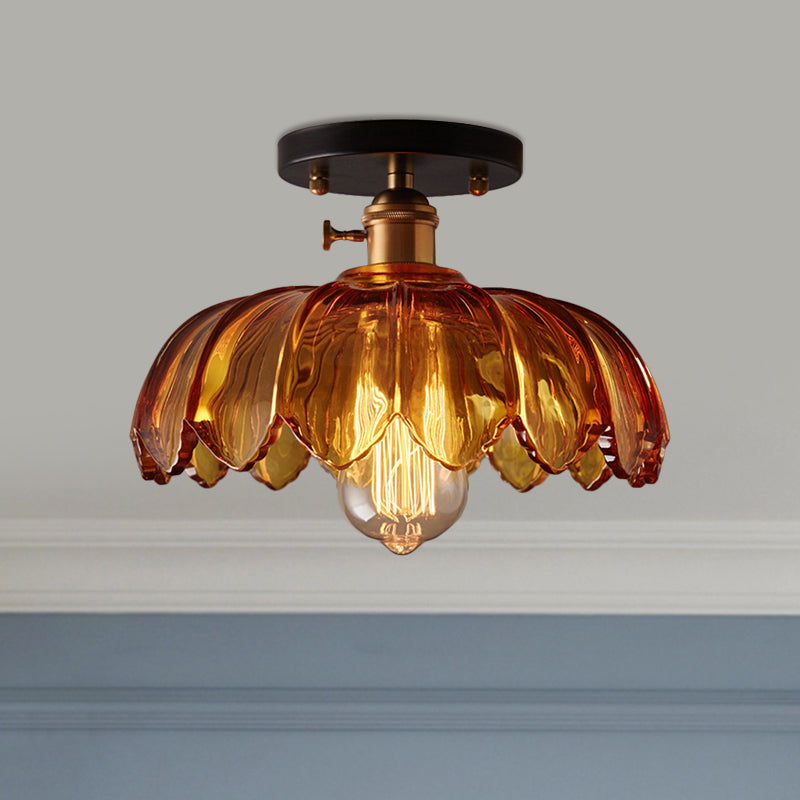 Industrial Prismatic Glass Semi - Flush Ceiling Light With Scalloped Design - White/Amber