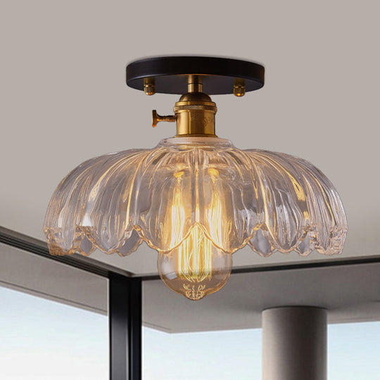 Industrial Prismatic Glass Semi - Flush Ceiling Light With Scalloped Design - White/Amber White