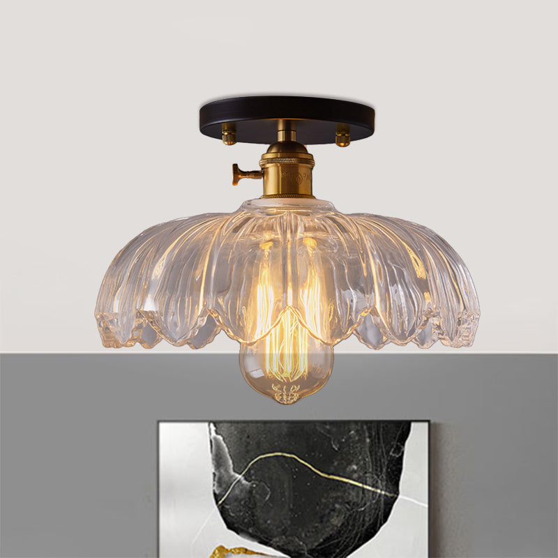 Industrial Prismatic Glass Semi - Flush Ceiling Light With Scalloped Design - White/Amber