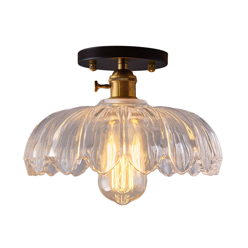 Industrial Prismatic Glass Semi - Flush Ceiling Light With Scalloped Design - White/Amber