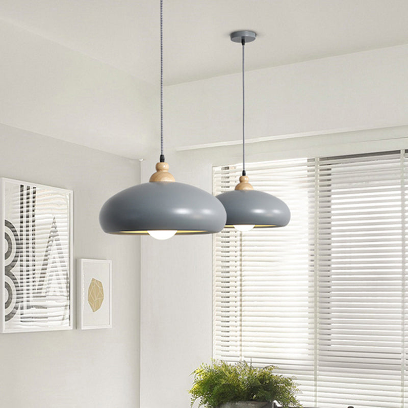 Stylish Macaron Pendant Light With Wooden Cap - Metal Fixture 1 Bulb Grey/Pink/Green