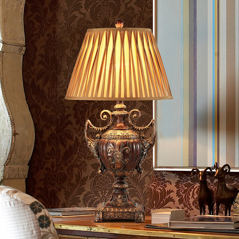 Traditional Pleated Conical Shade Table Lamp - Brown Fabric 1 Bulb Desk Light For Living Room
Note: