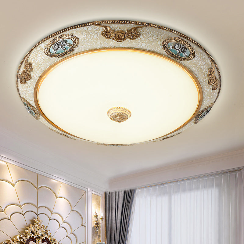 Retro Style Dome Opal Glass Flush Mount Led Bedroom Ceiling Light Fixture - Gold Finish Warm/White