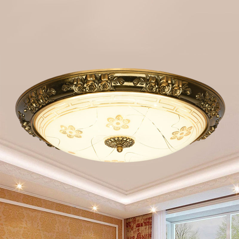 Farmhouse Textured Glass Bowl Flushmount - Led Bedroom Flush Mount Lighting In Gold With Warm/White