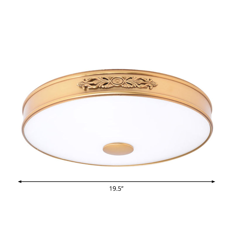 Antiqued Cream Glass Round Flush Mount Led Ceiling Lamp Fixture Gold For Bedroom