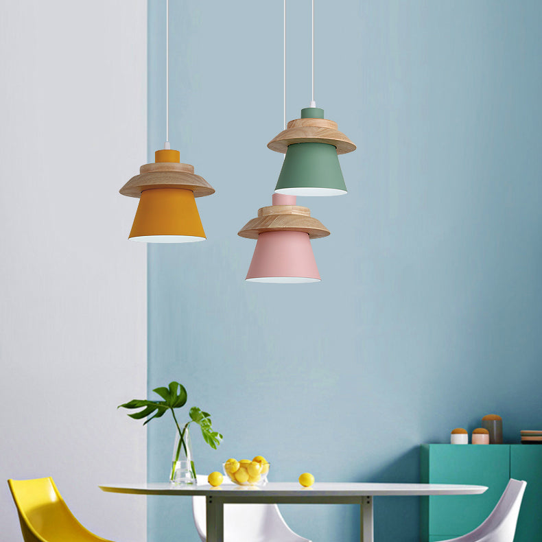Asian Style Pendant Light With Wood Deco Metal - Coolie Shade Stairway Hanging 1