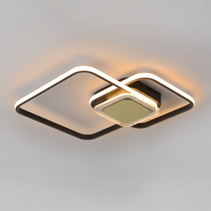 Contemporary Black/Gold Metal Flushmount Led Ceiling Light For Bedroom - 2-Rhombus Frame Design