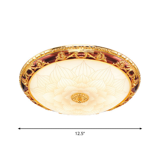 Vintage Gold Led Flush Ceiling Light With Blossom Frosted Glass Bowl - 12.5’/15’/19’ Width