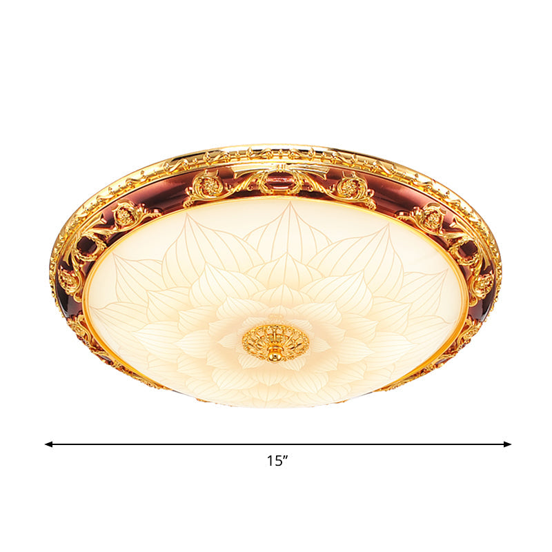 Vintage Gold Led Flush Ceiling Light With Blossom Frosted Glass Bowl - 12.5/15/19 Width