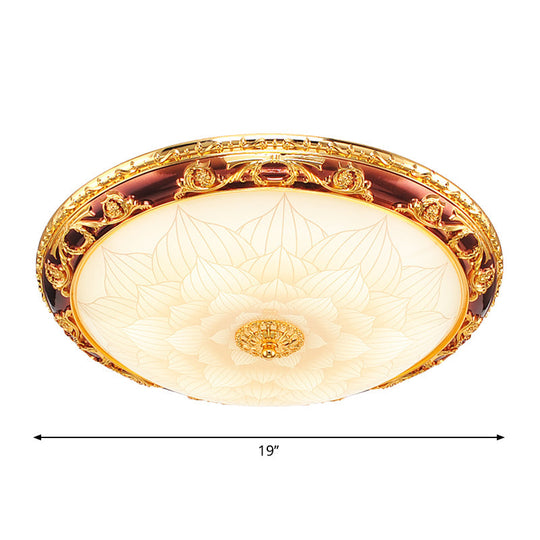 Vintage Gold Led Flush Ceiling Light With Blossom Frosted Glass Bowl - 12.5’/15’/19’ Width