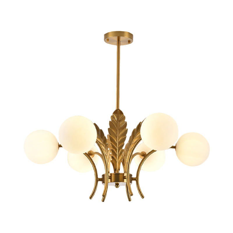 Simplicity White/Pink/Cognac Glass Led Ceiling Light: 6-Bulb Sphere Chandelier With Leaf Decor