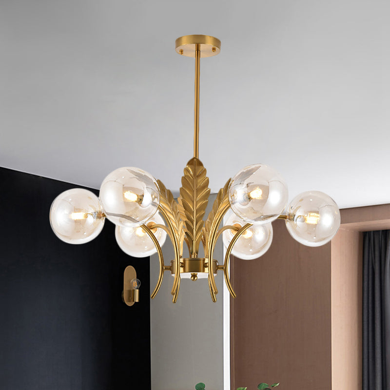Simplicity White/Pink/Cognac Glass Led Ceiling Light: 6-Bulb Sphere Chandelier With Leaf Decor