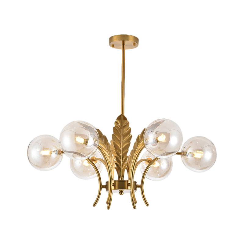 Simplicity White/Pink/Cognac Glass Led Ceiling Light: 6-Bulb Sphere Chandelier With Leaf Decor