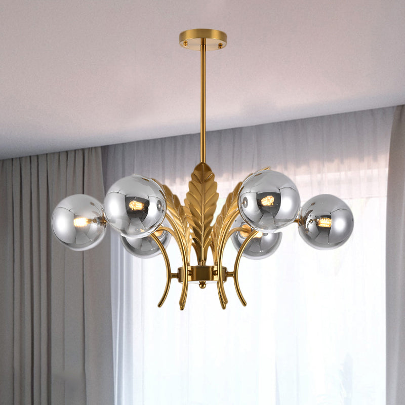 Simplicity White/Pink/Cognac Glass Led Ceiling Light: 6-Bulb Sphere Chandelier With Leaf Decor