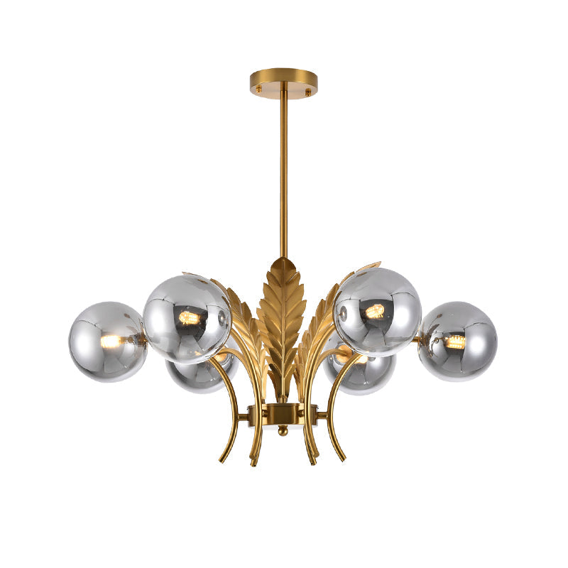 Simplicity White/Pink/Cognac Glass Led Ceiling Light: 6-Bulb Sphere Chandelier With Leaf Decor