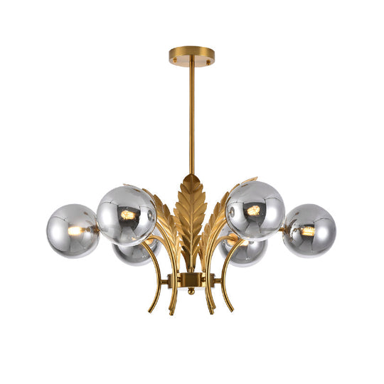Simplicity White/Pink/Cognac Glass Led Ceiling Light: 6-Bulb Sphere Chandelier With Leaf Decor