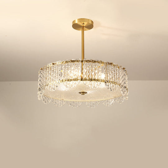 Contemporary Clear Crystal Chandelier With Drum Embossed Design - 4 Heads Bedroom Hanging Lamp Kit