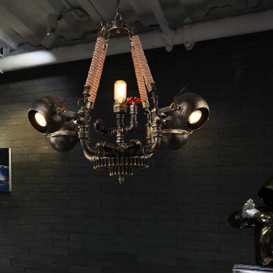 Retro Bronze 5-Light Ball Chandelier With Global Shade - Metal And Rope Pendant For Bars