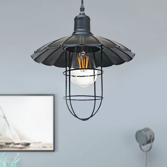1 Head Black Metal Wire Guard Pendant Light With Nautical Scalloped Shade For Stylish Restaurant